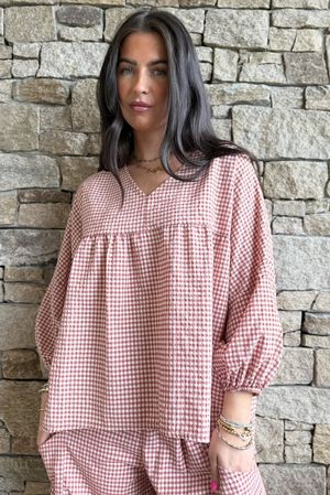 Arbi Gingham Peasant Smock Blouse Indian Red